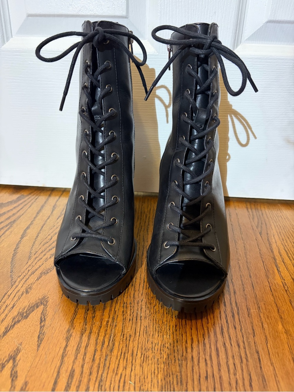 Vince Camuto Hevana Black Lace-Up open-toe heeled boots. New